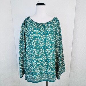 Max Studio Women's sz XL Green Floral Long Bell Sleeve Peasant Blouse Hobo MINT